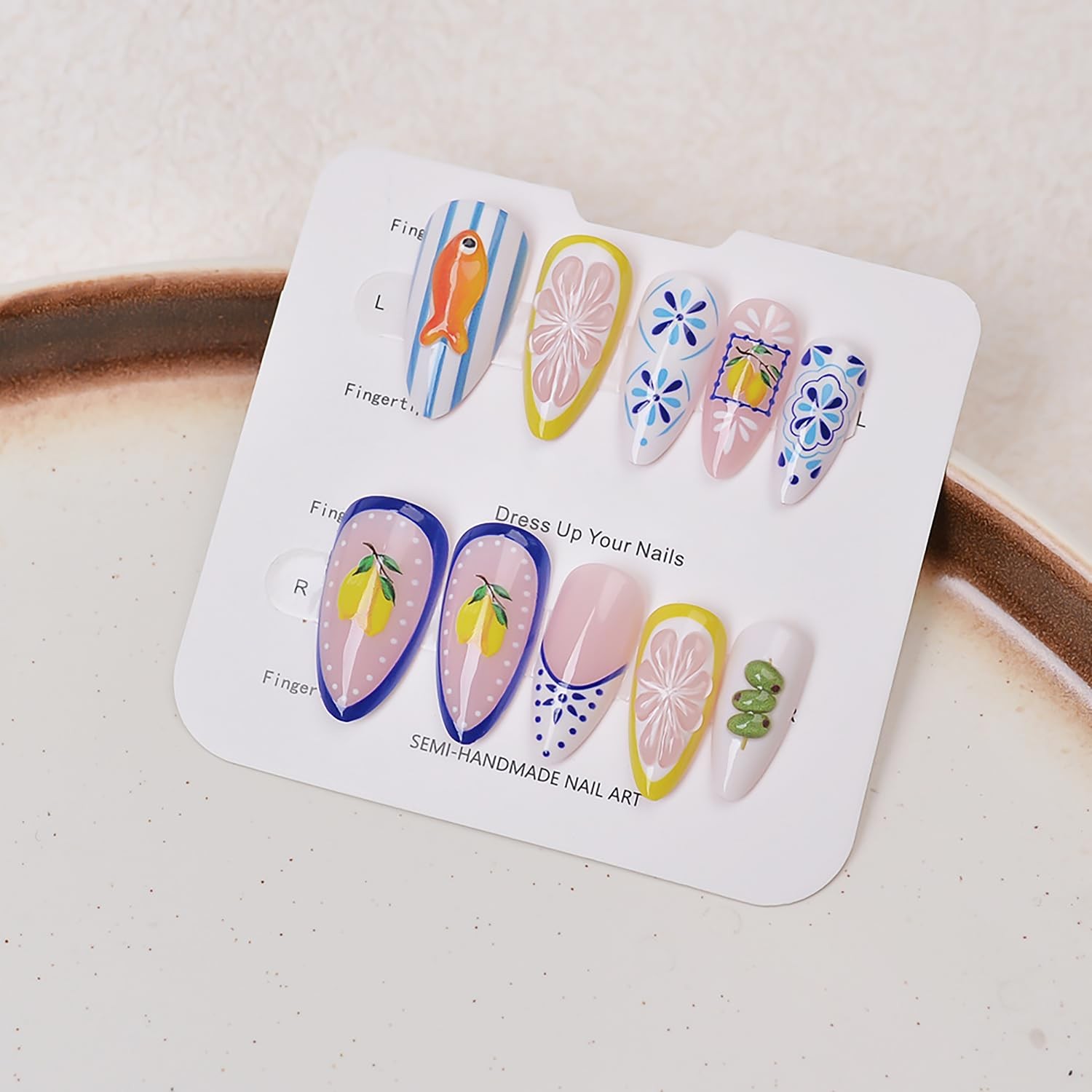 24Pcs Summer Press on Nails Medium Almond Fake Almond, Multicolor