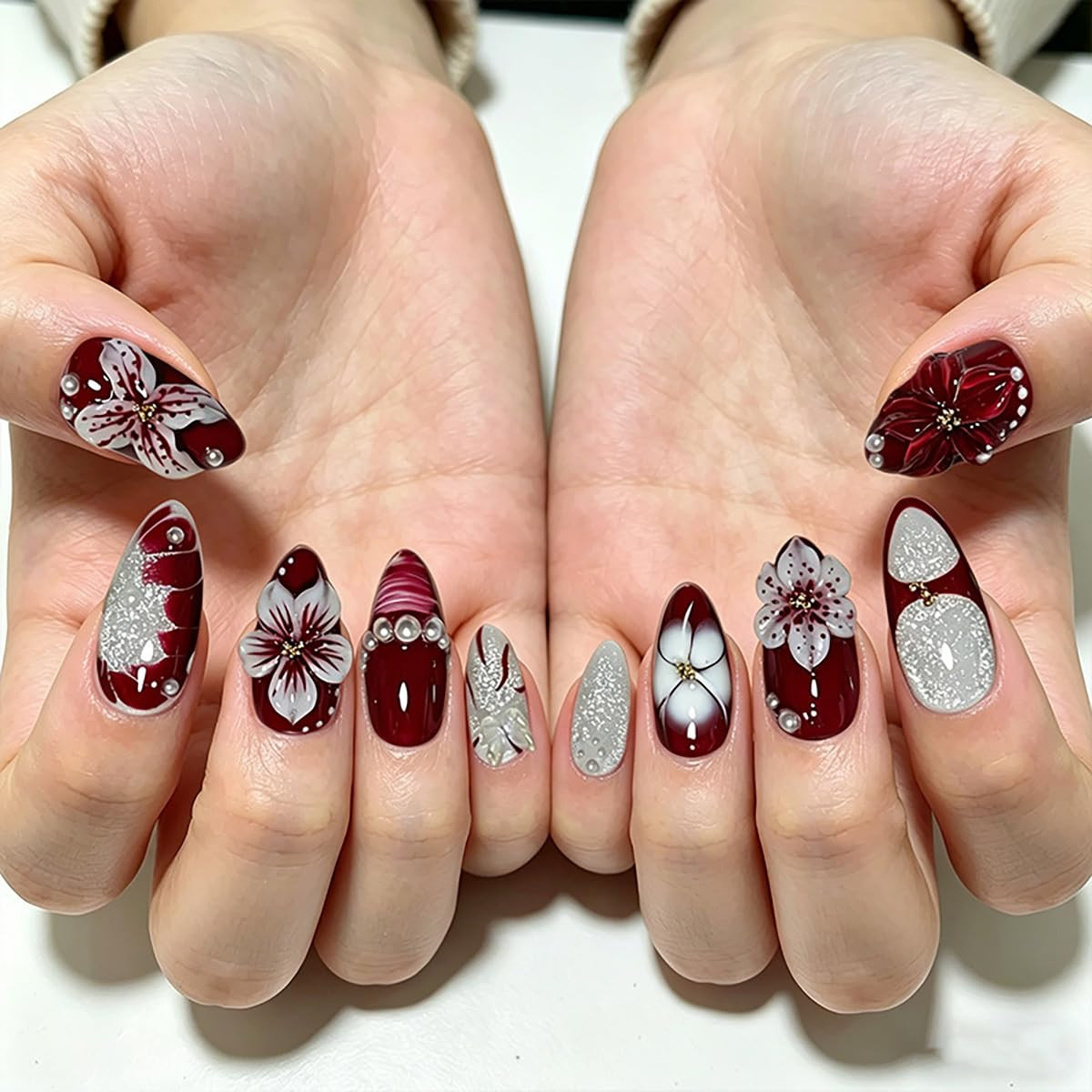 30Pcs Flower Press on Nails Medium Almond Fake Nails 3D Floral with Pearl Design
