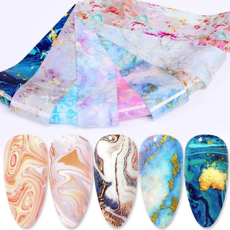Nail Stickers Transfer Color Decals Nail Art Decor Tips Marble Flower 10Pcs Foil