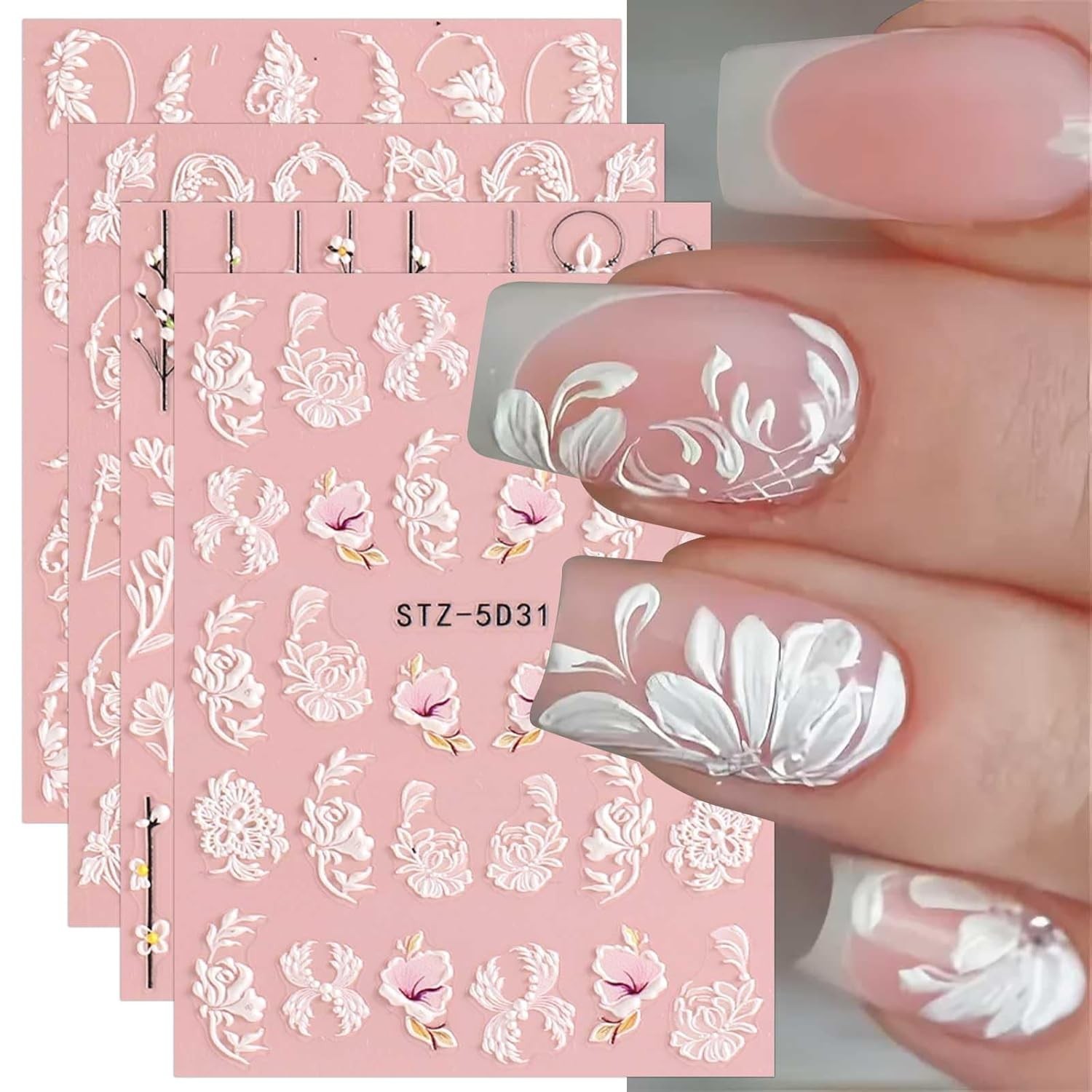 5D Spring Embossed Flower Nail Art Stickers 4 Sheets Real Self-Adhesive Decal…
