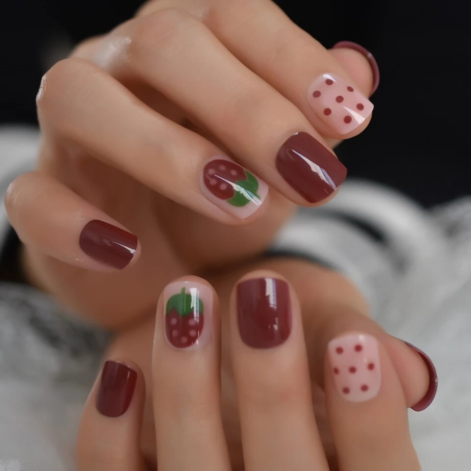 24 Short Red Berry press on nails glue on classic manicure strawberry fruit cute
