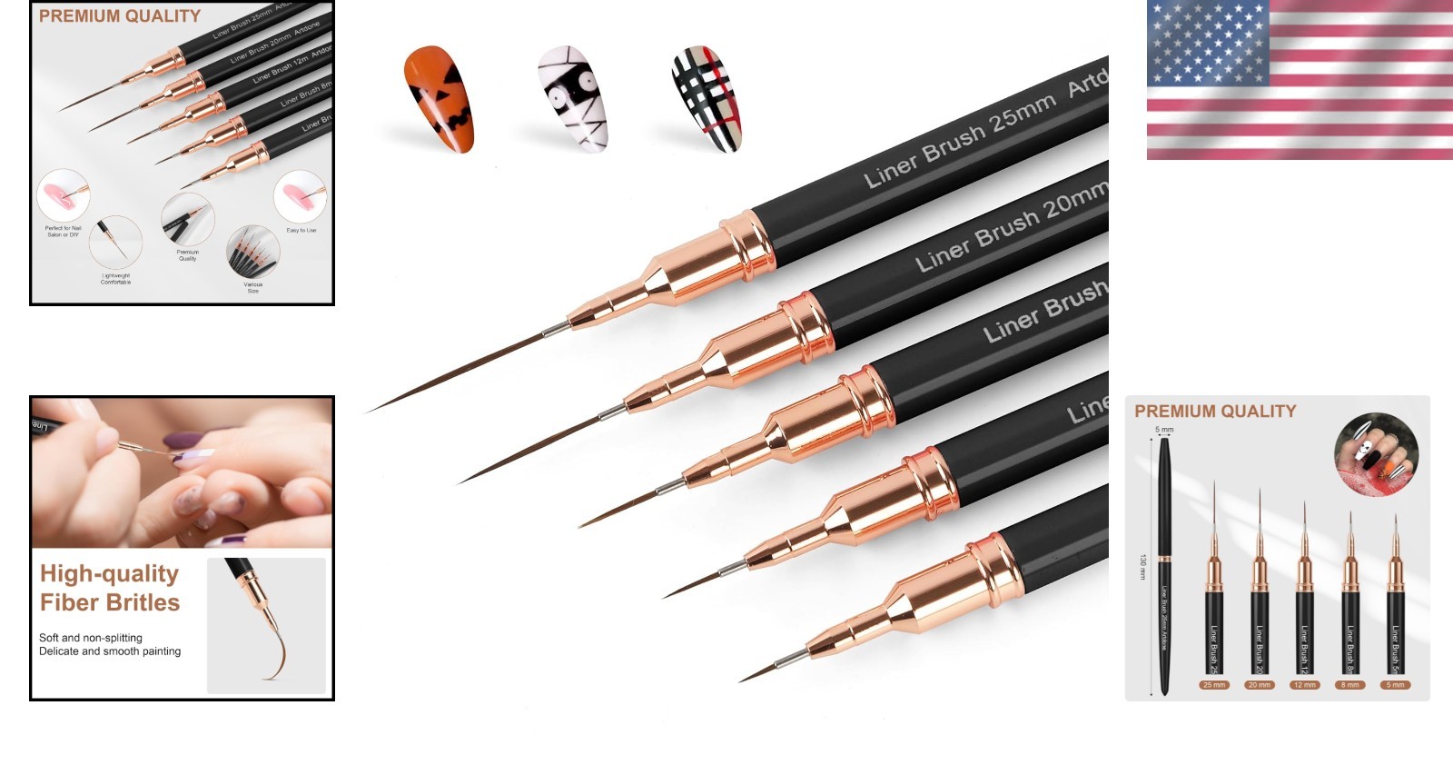 Professional 5-Piece Liner Brush Set for Nail Art – Detailed Black Design Tools