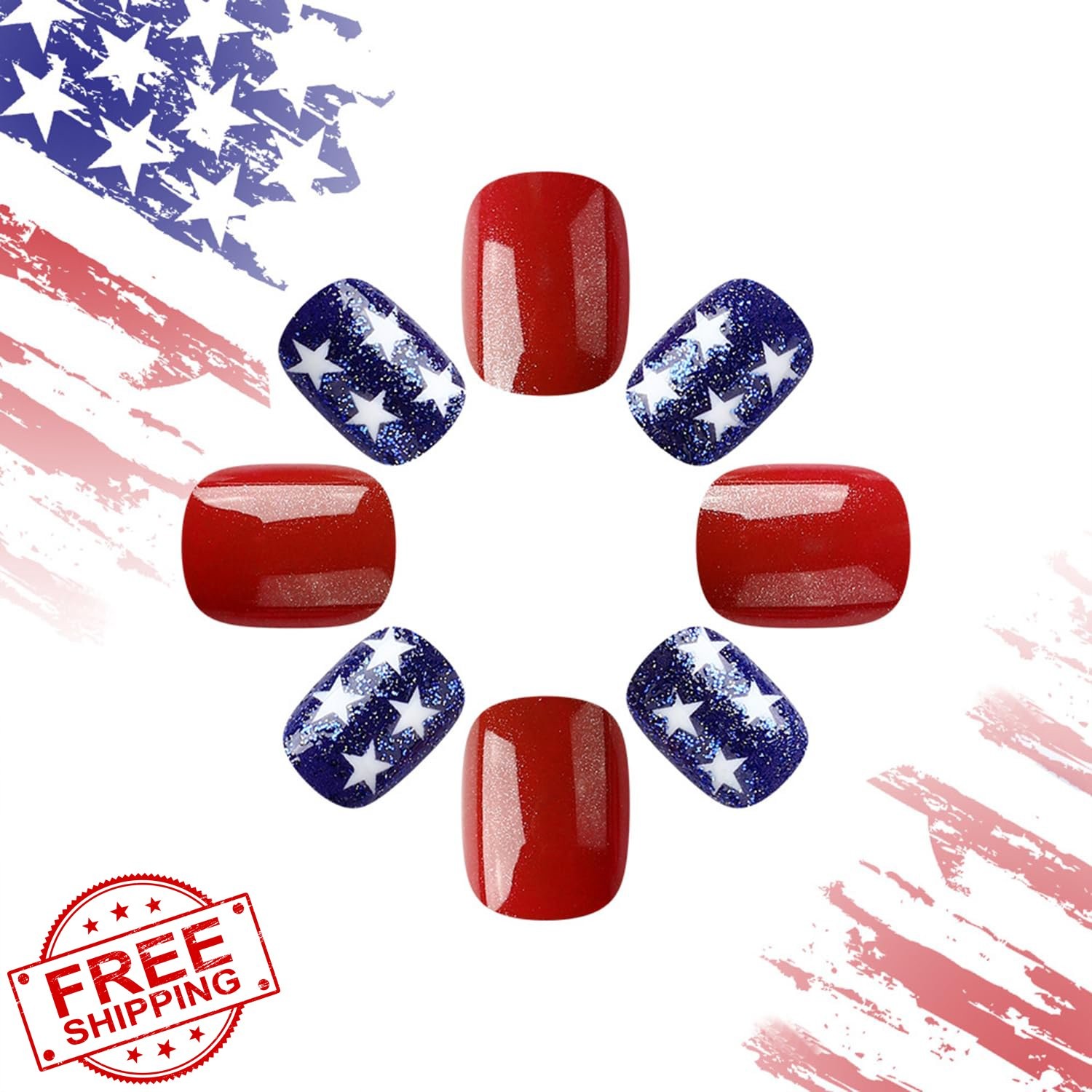 4th of July Press on Nails Flag Red Blue White