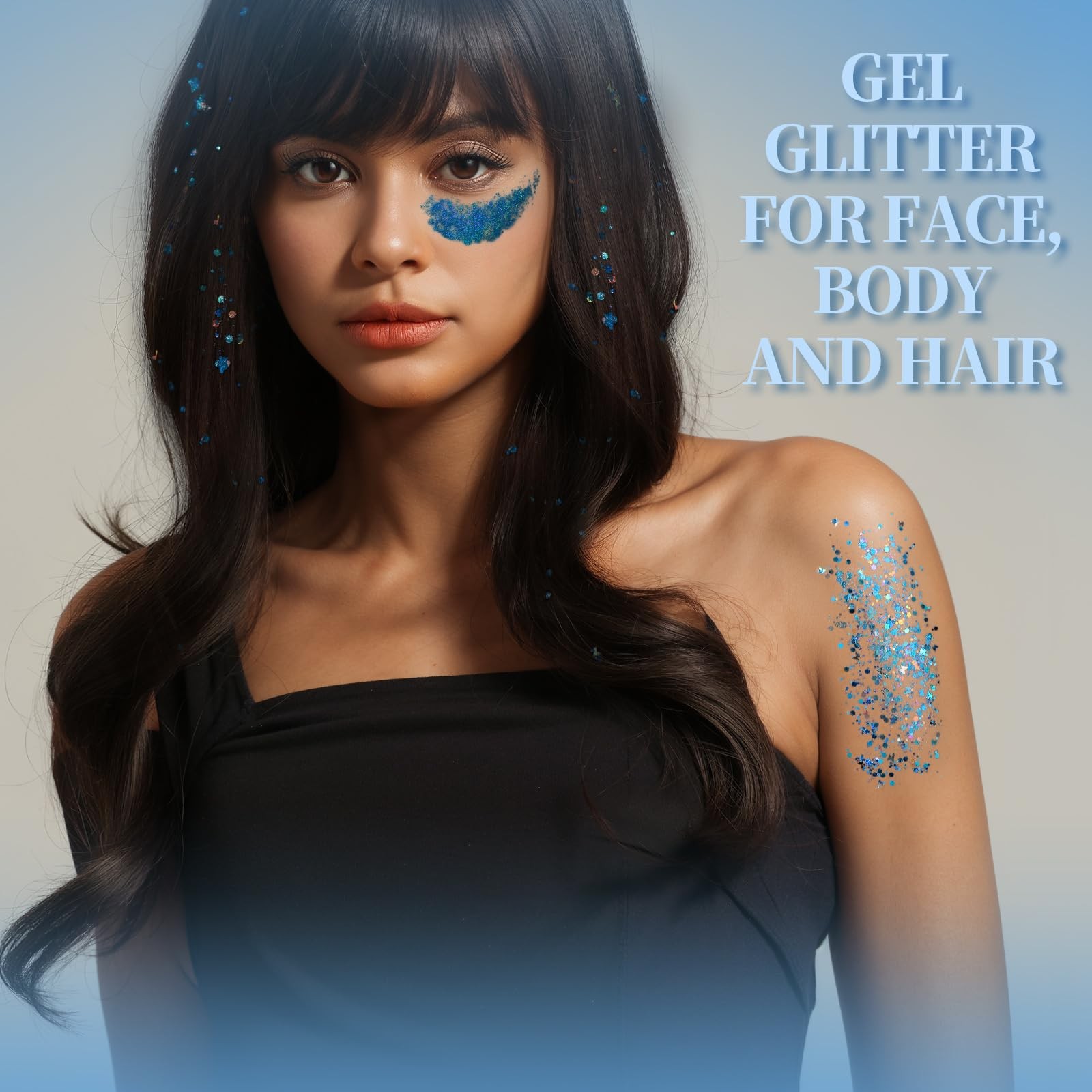 Face & Body Glitter – Blue, Hair Glitter Gel, 6 Shapes Festival Makeup Glitte…