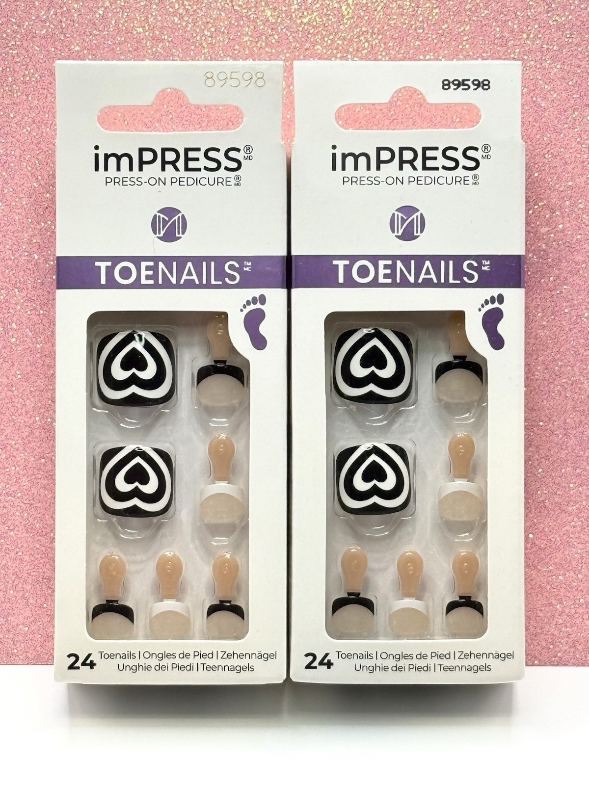 Kiss ImPRESS Press-On Pedicure Toe Nails White Black 89598 Rose Mist (Lot Of 2)
