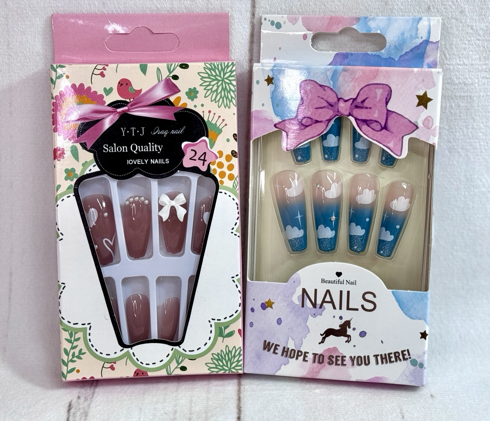 x2 Lot False Nail Sets Artificial Press On Glue Nails Ombre Blue French Cloud