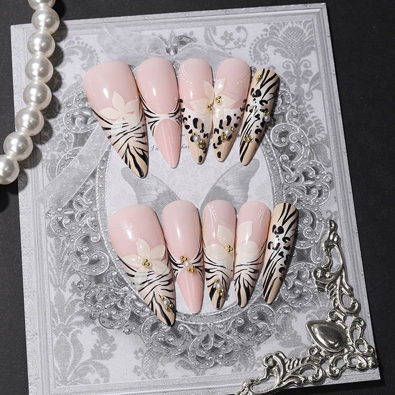 24pcs-Nude Pink Almond Nails with 3D White Flowers and Mixed Animal Print Tips