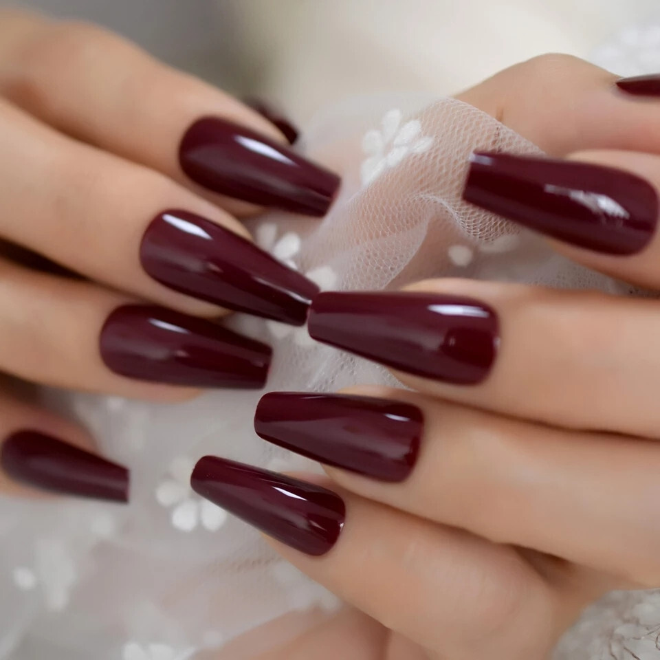 24 Press on nails kit w glue Long Coffin Maroon burgundy dark red