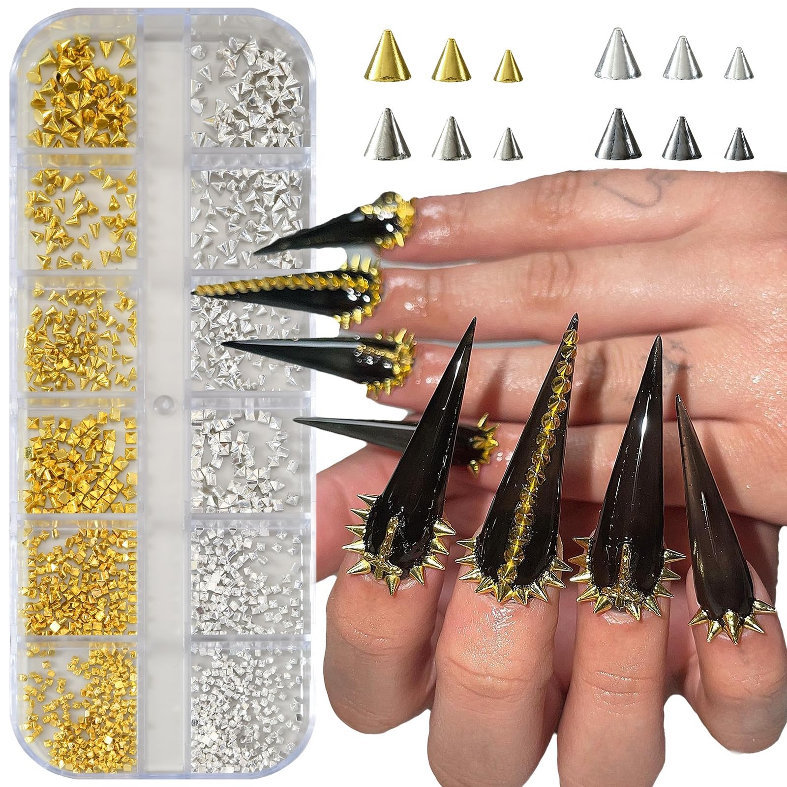 2 Box Goth Nail Charms Punk Metal Nails Studs Square Cone Spike Gold White Go…