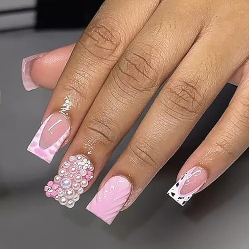 Pink Press on Nails Square Fake Nails 3D Short False Nails 3D Normal Style34
