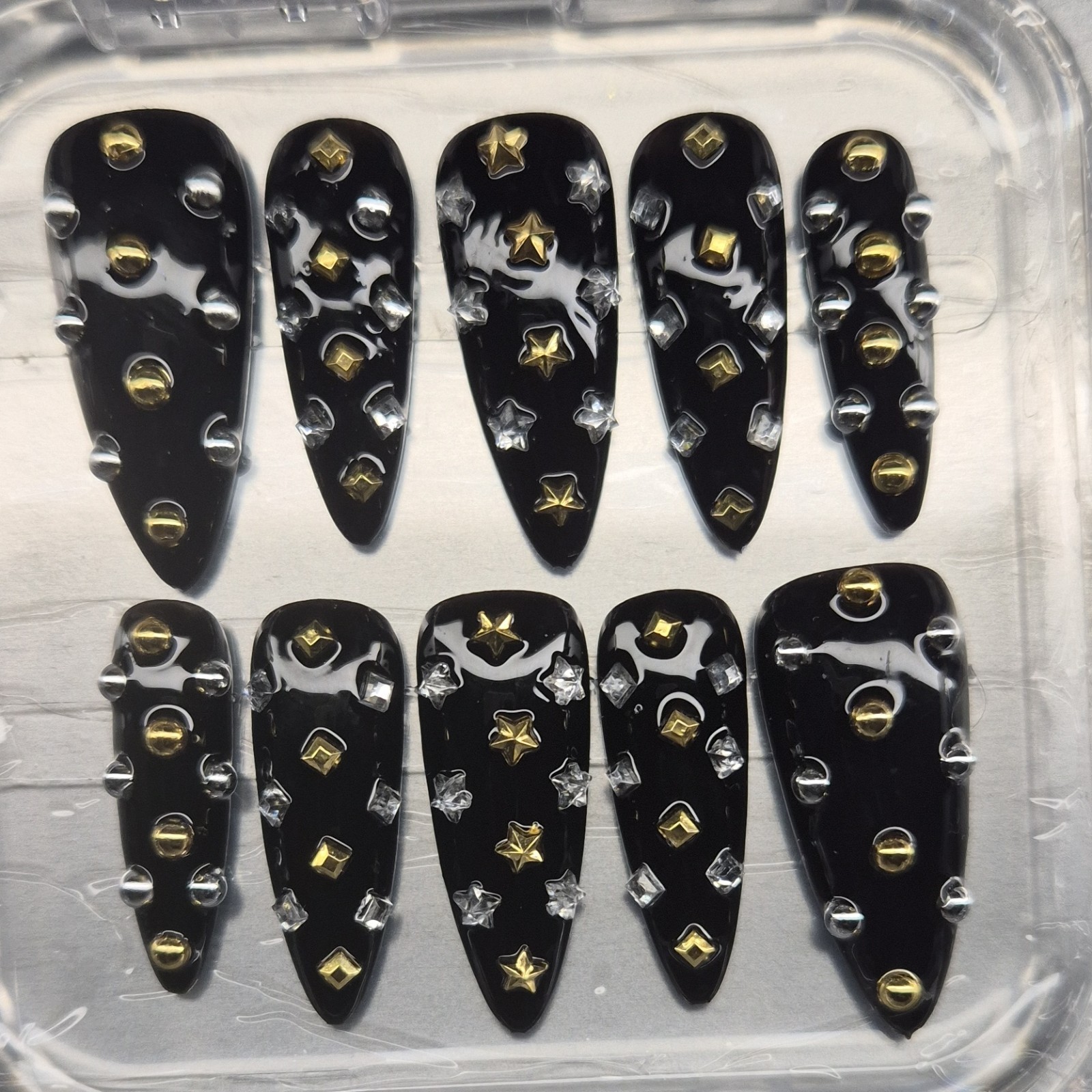 Black Gold Silver Star 3D Stiletto Press-On Nails Pre-Designed Full Cover