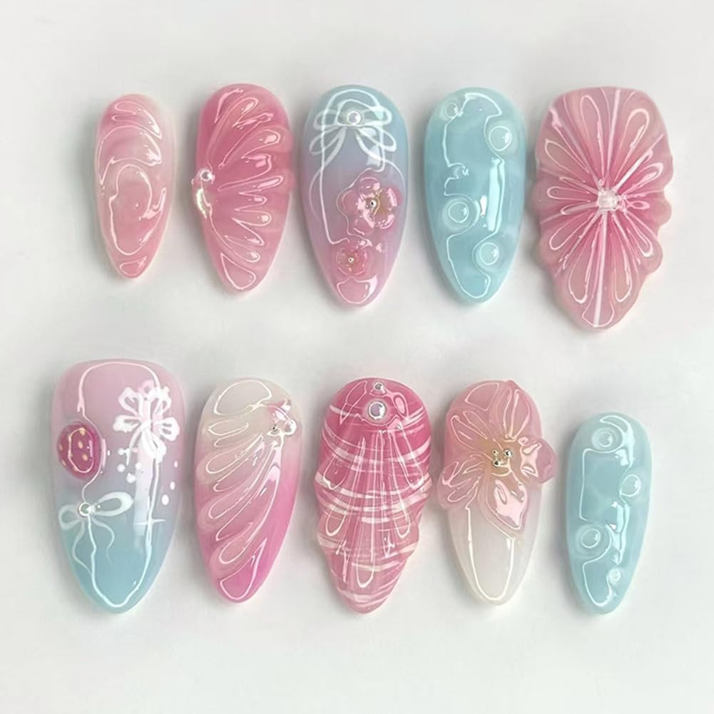 Almond Press on Nails Medium Fake Nails with 3D Ripple Bubble Pink Flower Pearls