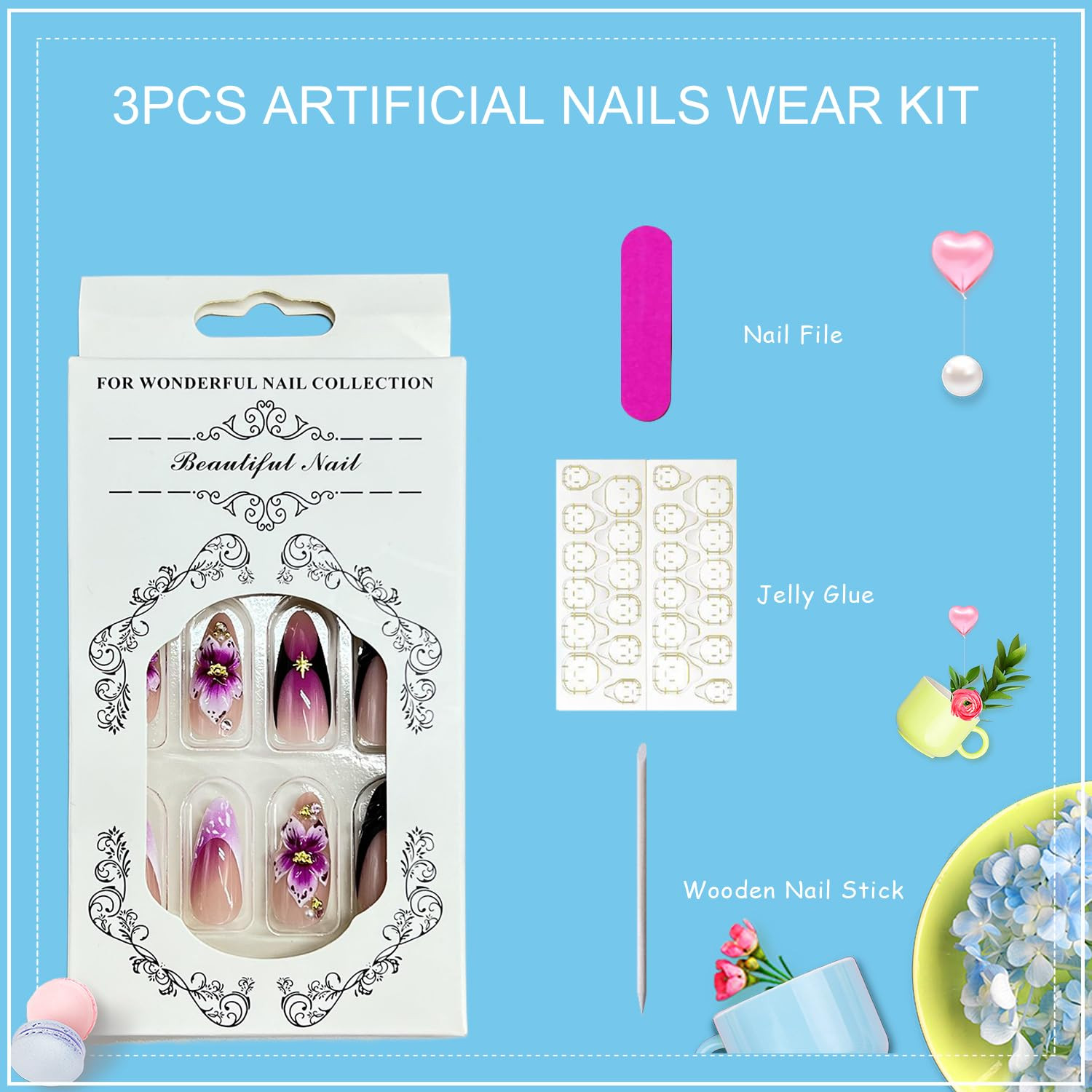 3D Purple Flower Press on Nails Medium Almond Fake Nail Black French Tip False N