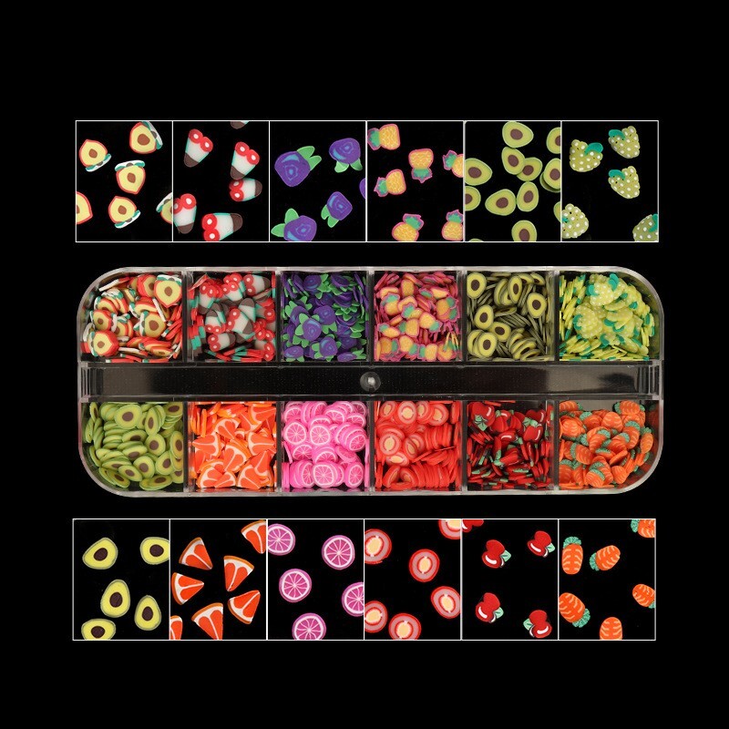 12 Grids Mixed Fruit Styles Fimo Slice Polymer DIY Nail Art Tips Sticker Decorat