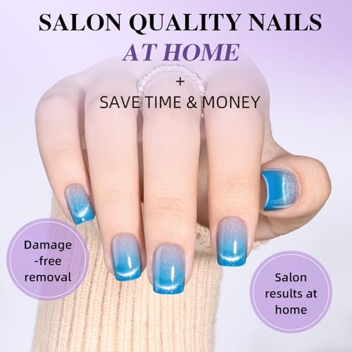 Blue Ombre Cat Eye Press On Nails – Short Square – Reusable – H4-Deep Sea Dusk