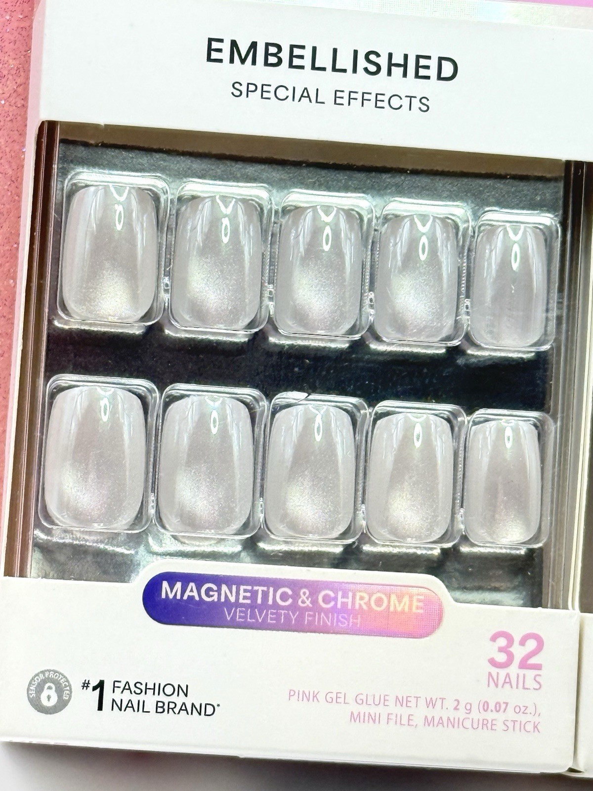 Kiss Glam Press-On Manicure Nails Short Pearl White Square Magnetic Chrome 2pck