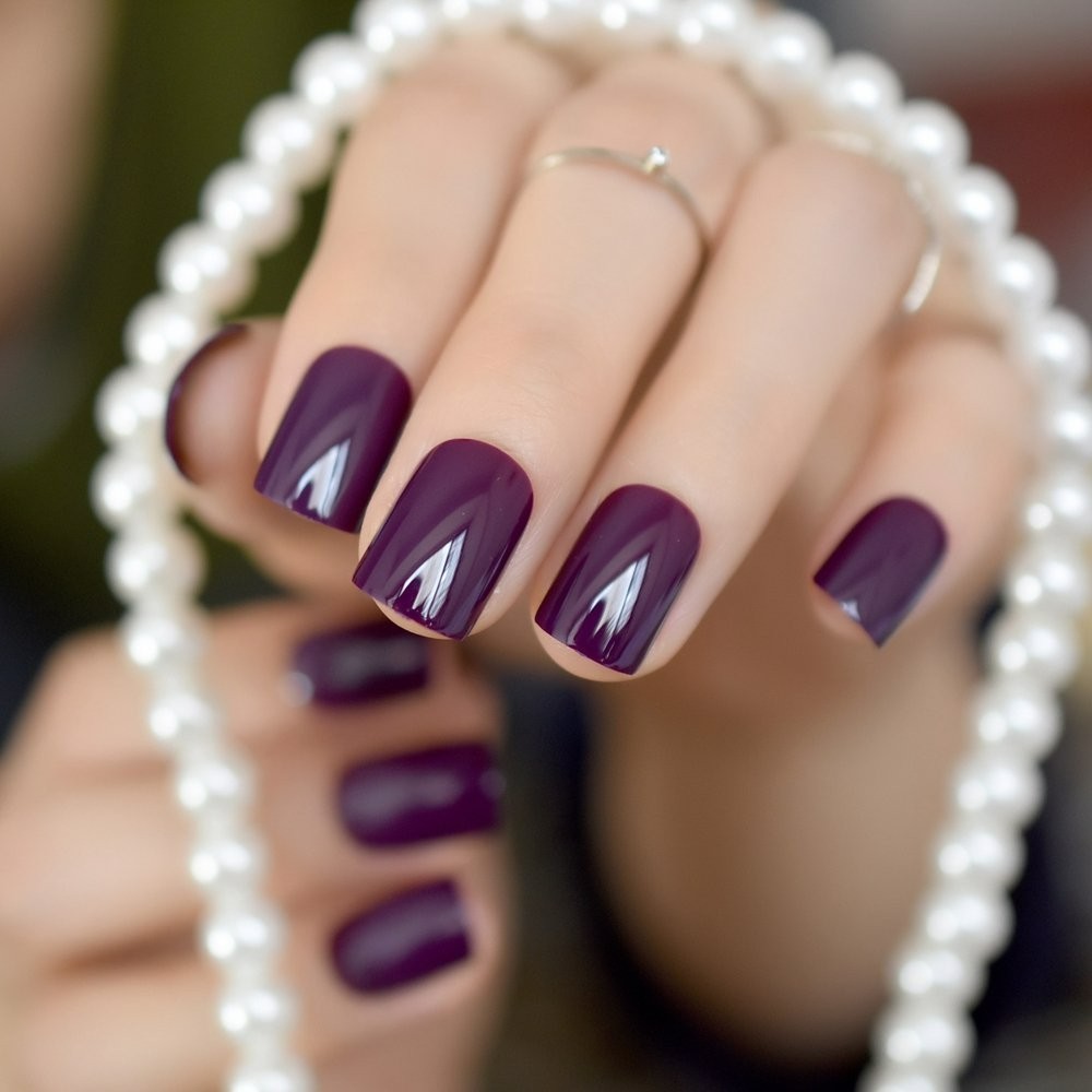 Dark Violet False Nail Tips – 24Pcs Solid Glossy Gel for Perfect Fit