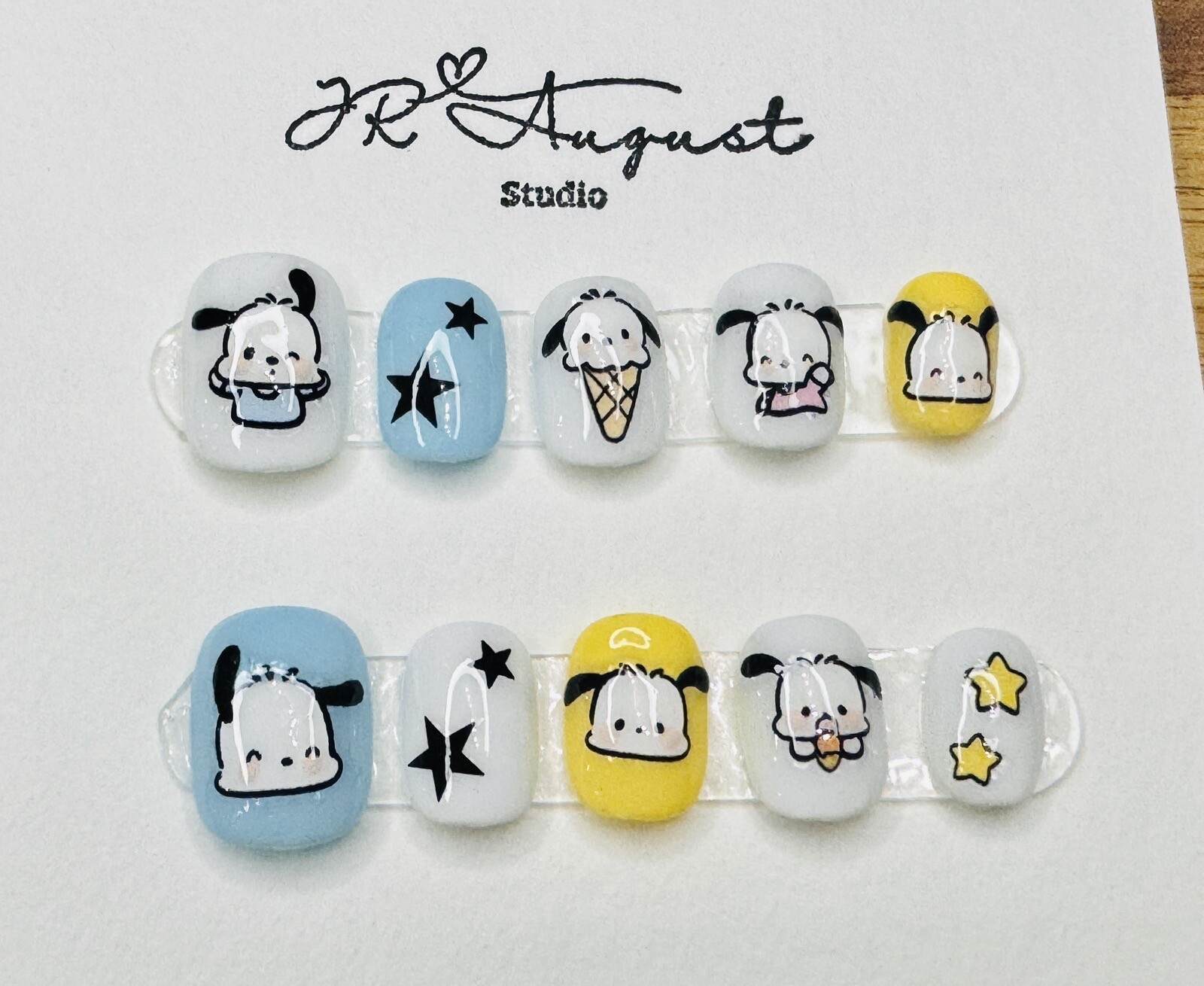 Press on nails Handmade Pochacco face with star Cute Blue round short XS S M L