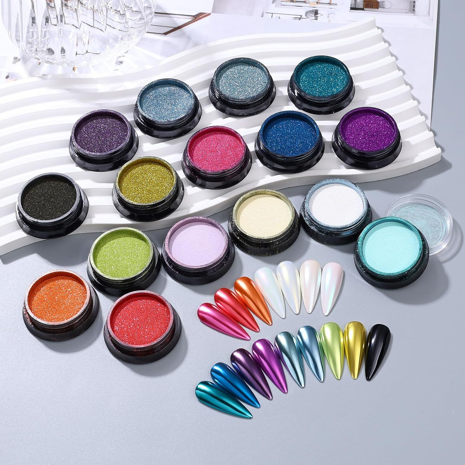 Metallic Mirror Chrome Nail Powder – 16 Colors Holographic Nail Art Set | Aurora