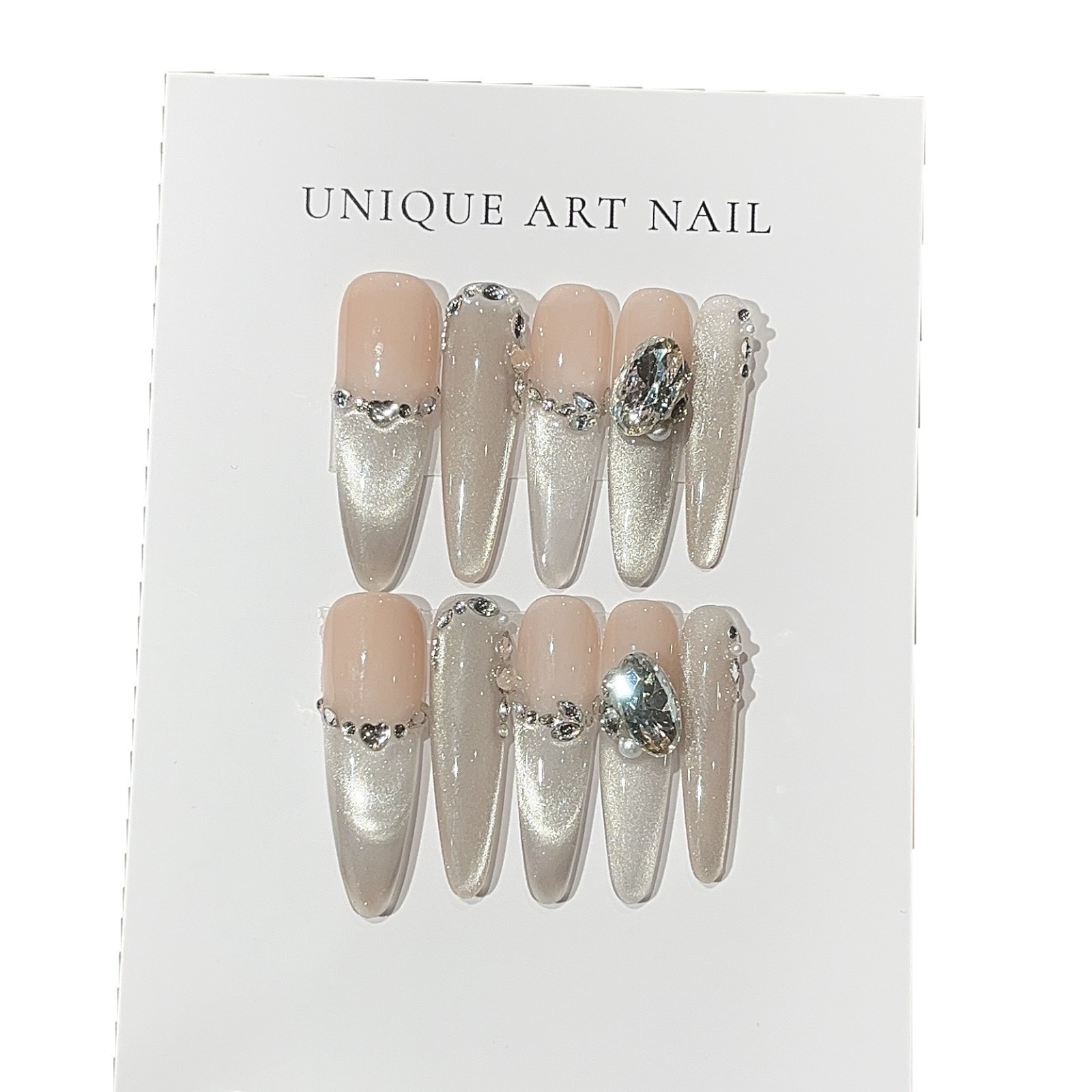 10Pcs Handmade White Cat Eye Nails Pearl Rhinestone Cold Elegant Style
