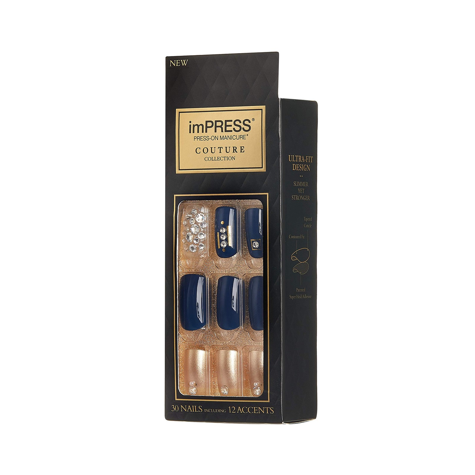 Kiss Impress Press-on Manicure One-Step 30 Count (Pack of 1), Navy Blue,Gold