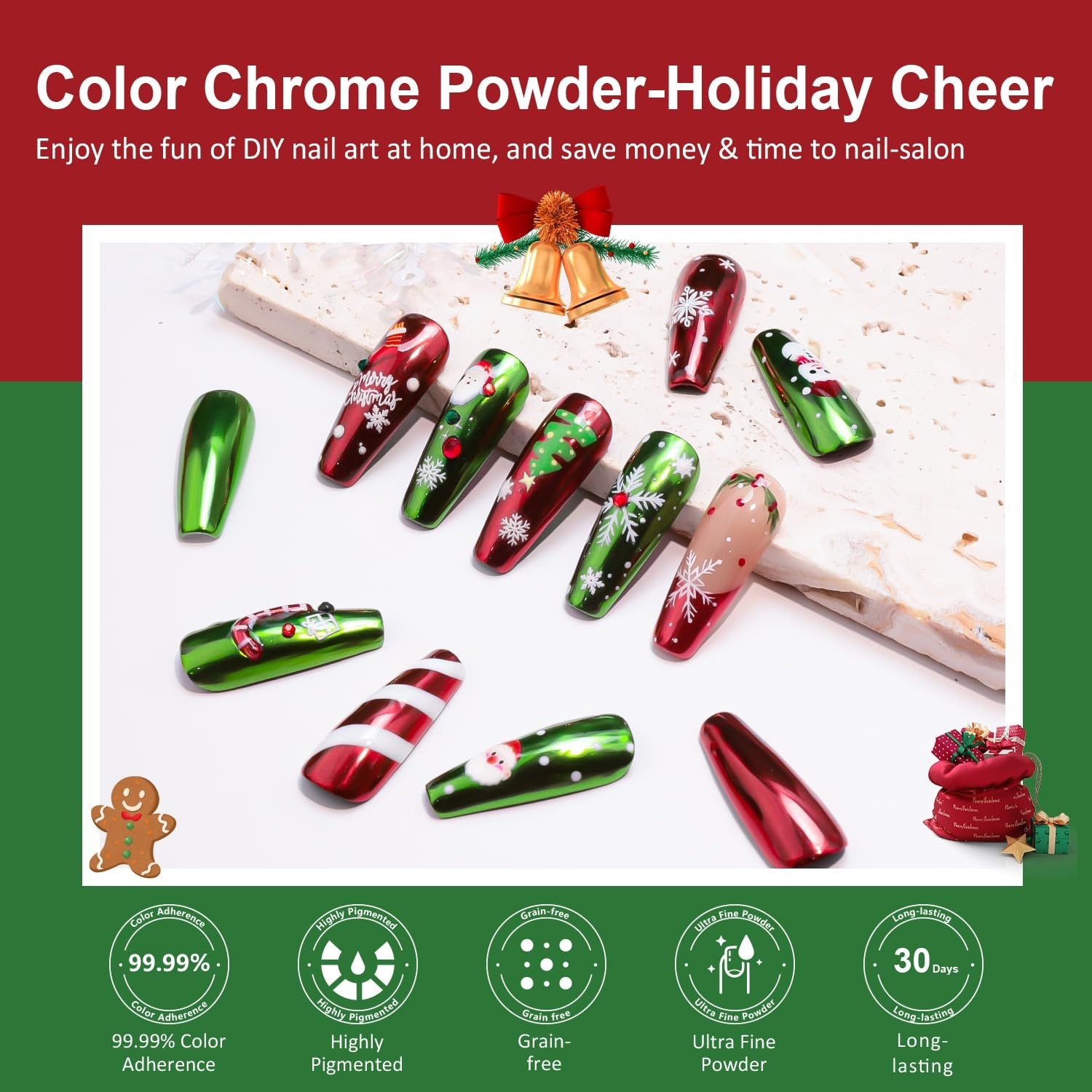 Holographic Mirror Effect Red Green Chrome Nail Powder – Perfect for Holiday Art