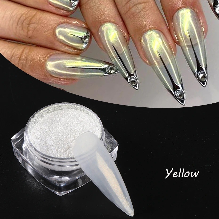 Moonlight Pearl White Nails | Glitter Dust Chrome Aurora Shell Pigment Nail Art
