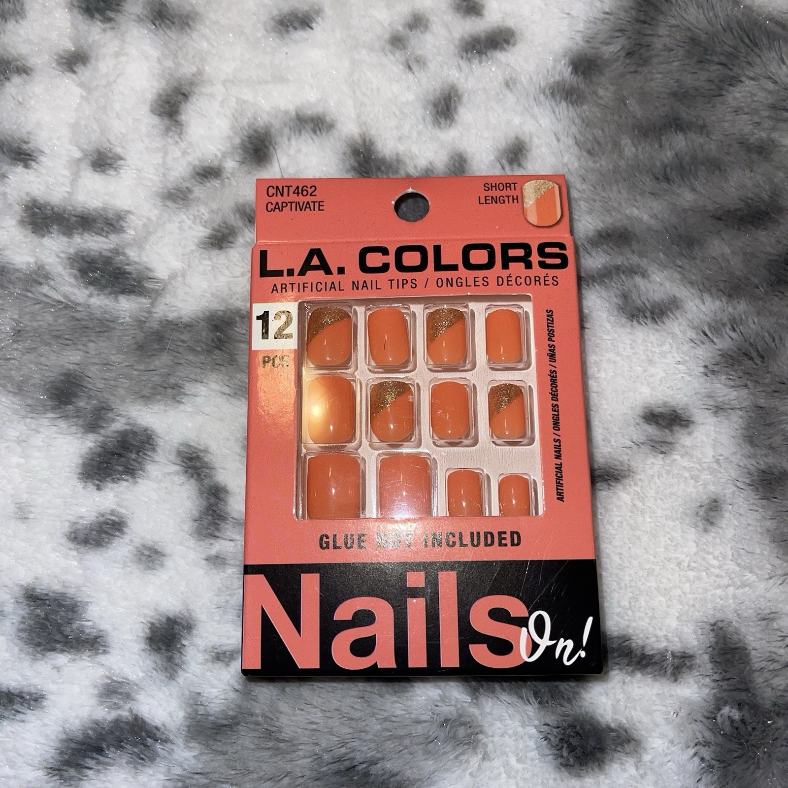 L.A. Colors NAILS ON! 12 Nails CAPTIVATE Short Square Glossy Orange+Gold Accents