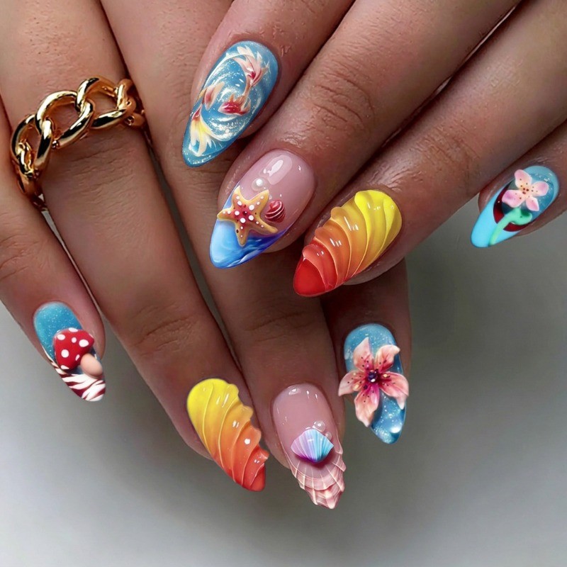 30Pcs-Colorful Fake Nails Medium Almond Ocean Goldfish Mushroom Tropical Nails