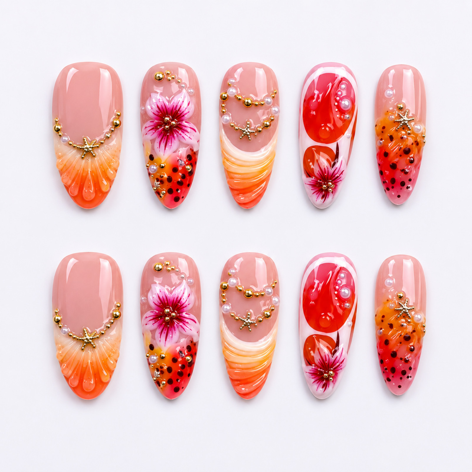 Handmade Tropical Floral Press On Nails Pink Orange Pearl Starfish