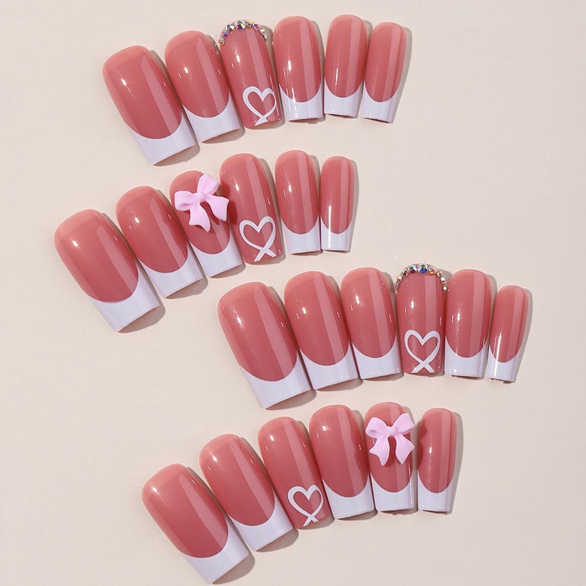 French Tip Press on Nails with Charms, Medium, Cute Bow, Long Square Shape, A…