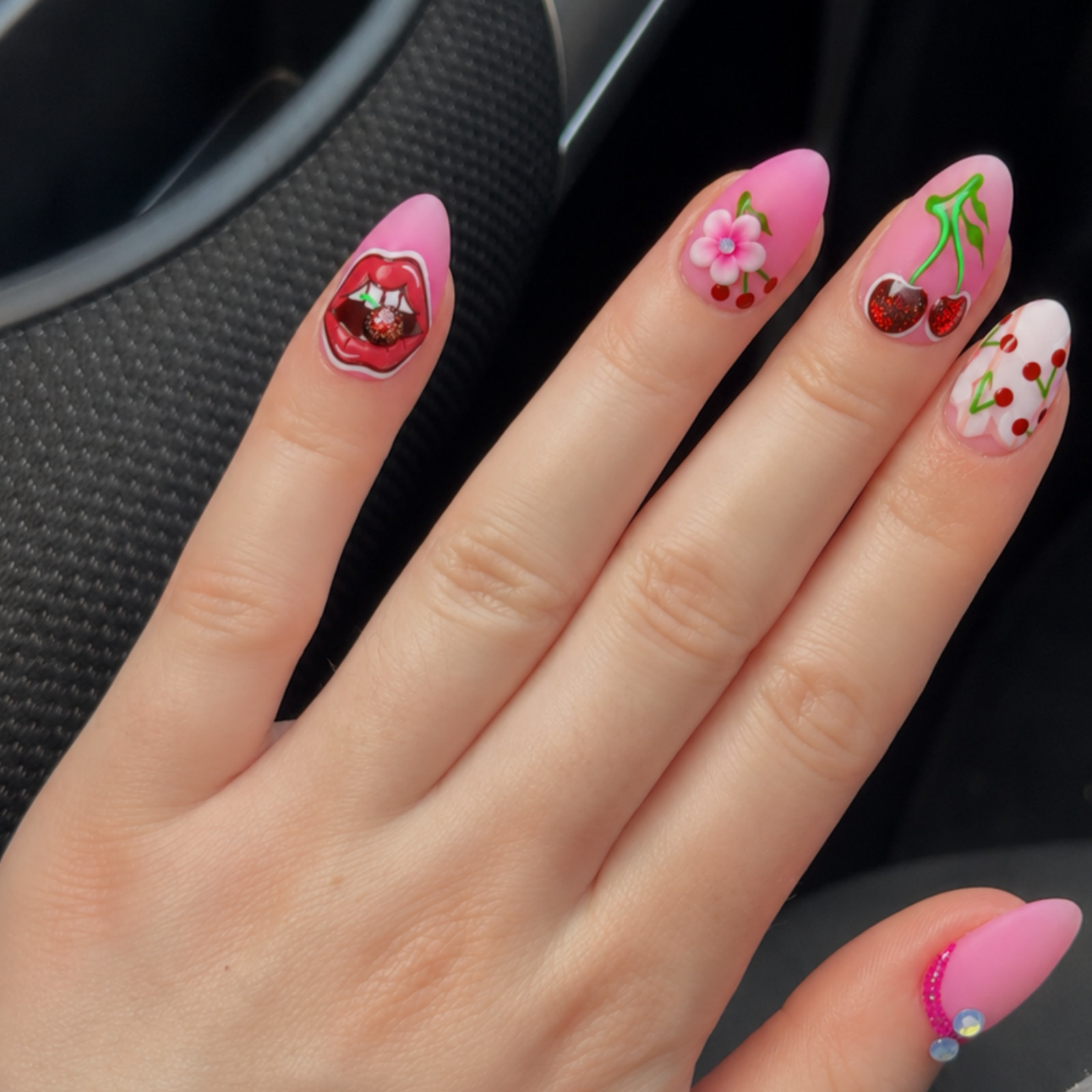 Handmade Pink Cherry Press On Nails 3D Floral Lips Rhinestone Set