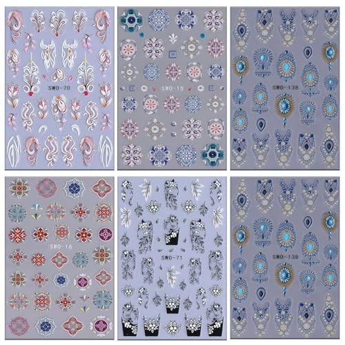 6 Sheets Bohemian People Nail Art Stickers 3D Self Colorful Plaid Flower