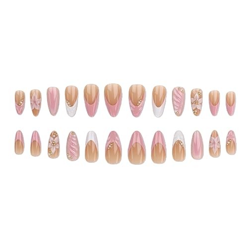 Almond 3D Pink Press on Nails – Medium French Tip Fake Nails – Flower