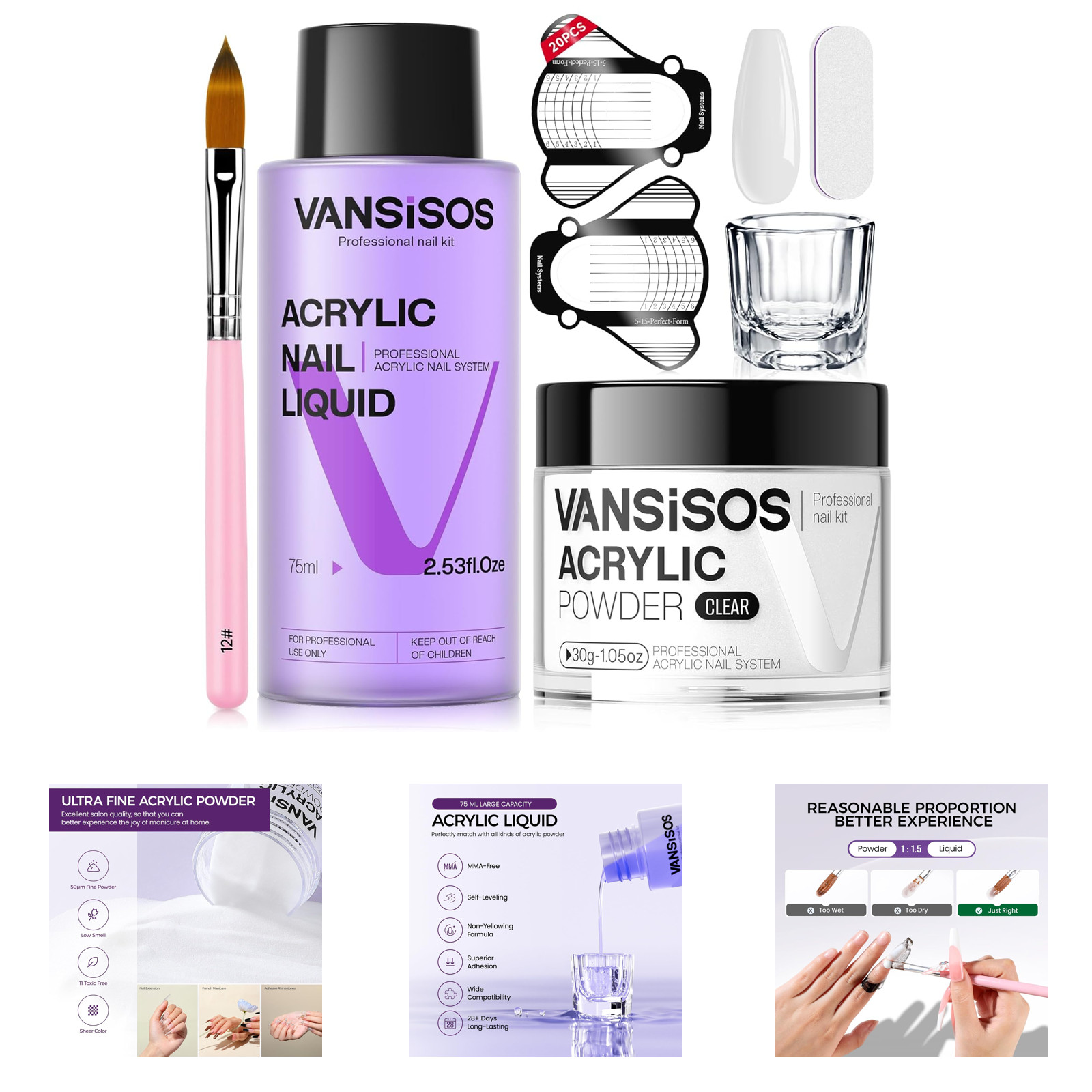 Acrylic Nail Kit Clear Powder Liquid Set with Nail Brush Forms for Home and