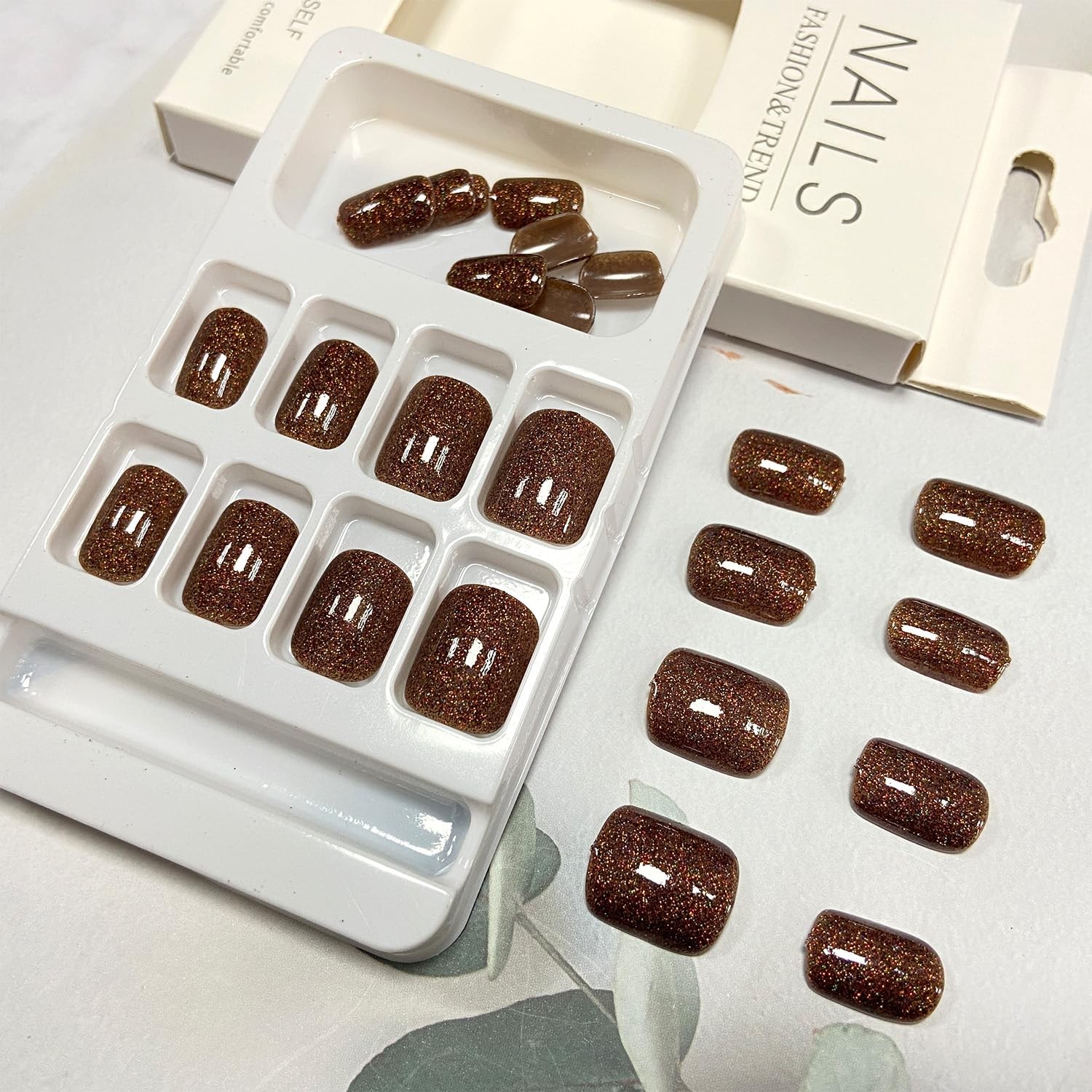 Tyuimhx Brown Press on Nails Square Short 0.04 Fl Oz (Pack of 24), Multicolor