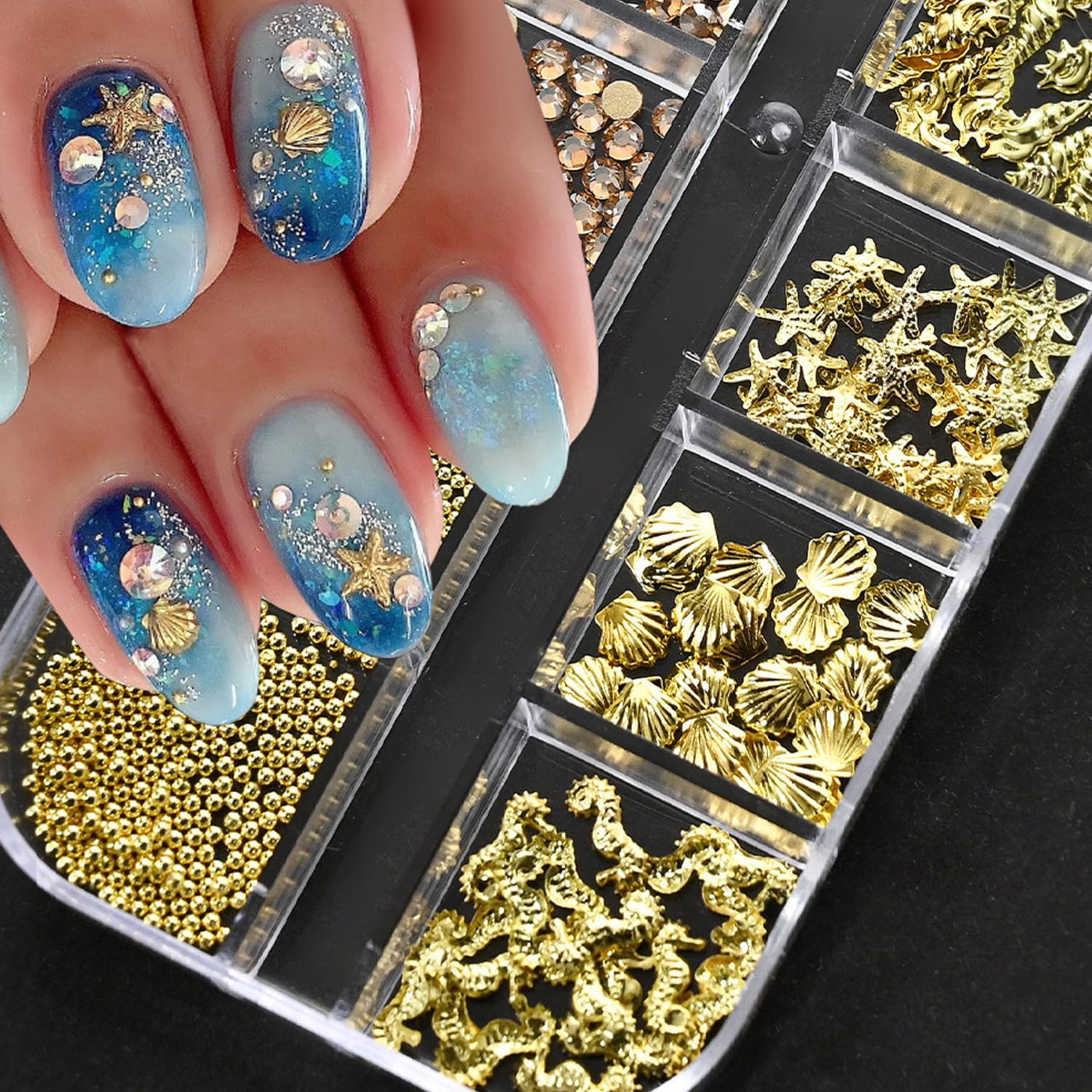 12Grids Summer Metal Nail Art Charms 3D Gold Starfish Shell Conch Nail Charms Sp