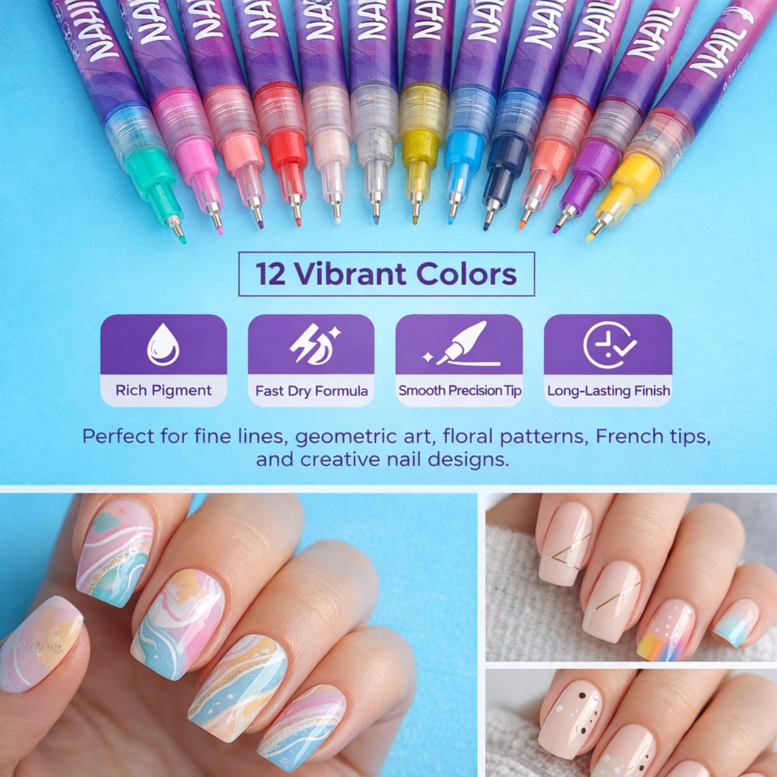 Herbiar 3D Nail Art Pen Set 12 Colors – 0.5mm Fine Tip, Waterproof DIY Manicure
