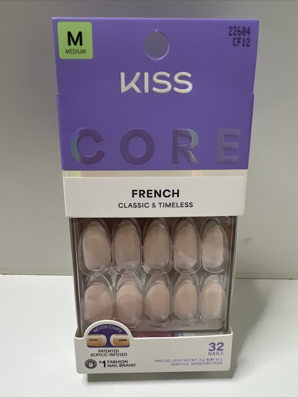 KISS CORE 32 FRENCH NAILS W/ GLUE – MEDIUM ALMOND #CF12 – BURBLE