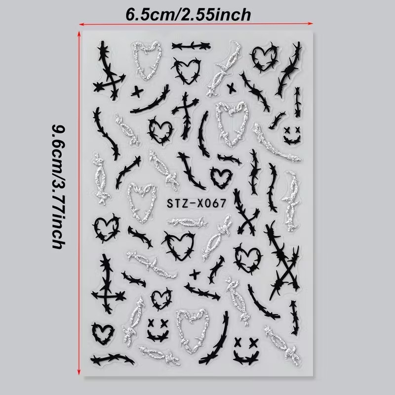 Black Heart & Thorn Nail Art Stickers Gothic Silvery Pattern Self-Adhesive