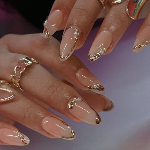 CTTHNBD Press on Nails Almond – French Tip Fake Nails with Gold Chrome Gold