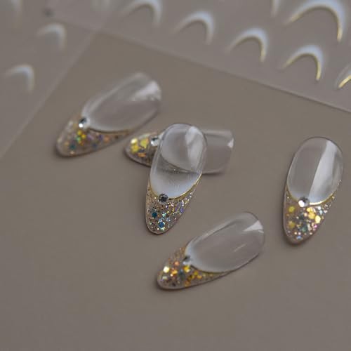 Gradient French Tip Nail Stickers for Women White Gold Curve Line Nail Art
