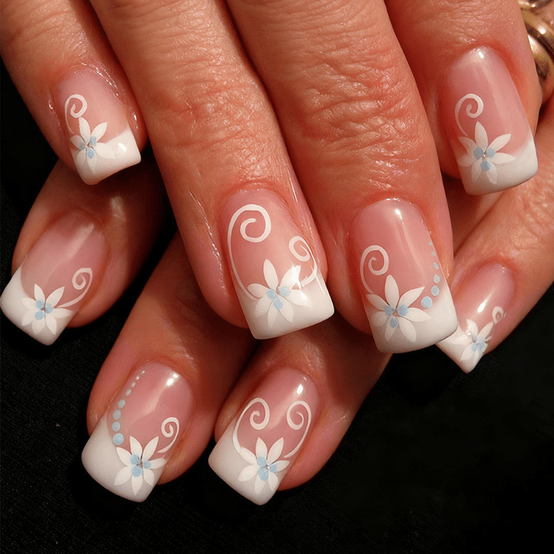 47Pcs-Short Square Nude White French White Floral Swirl Dot Fake Press on Nails