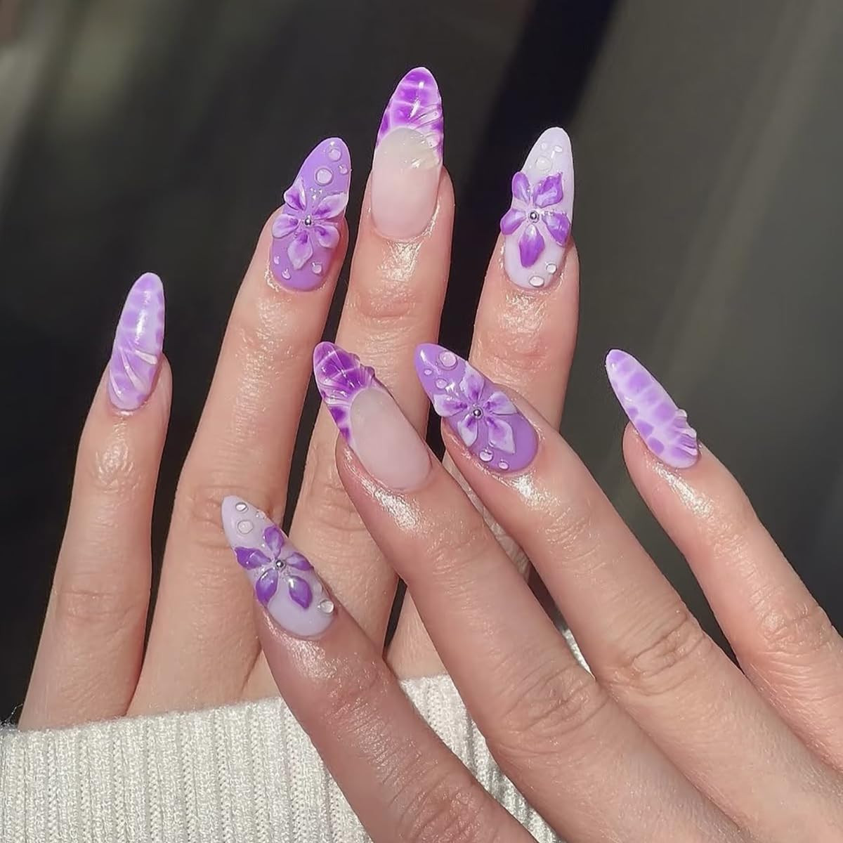 30Pcs Purple Flower Press on Nails Medium Almond Fake Nails with 3D Hibiscus Flo