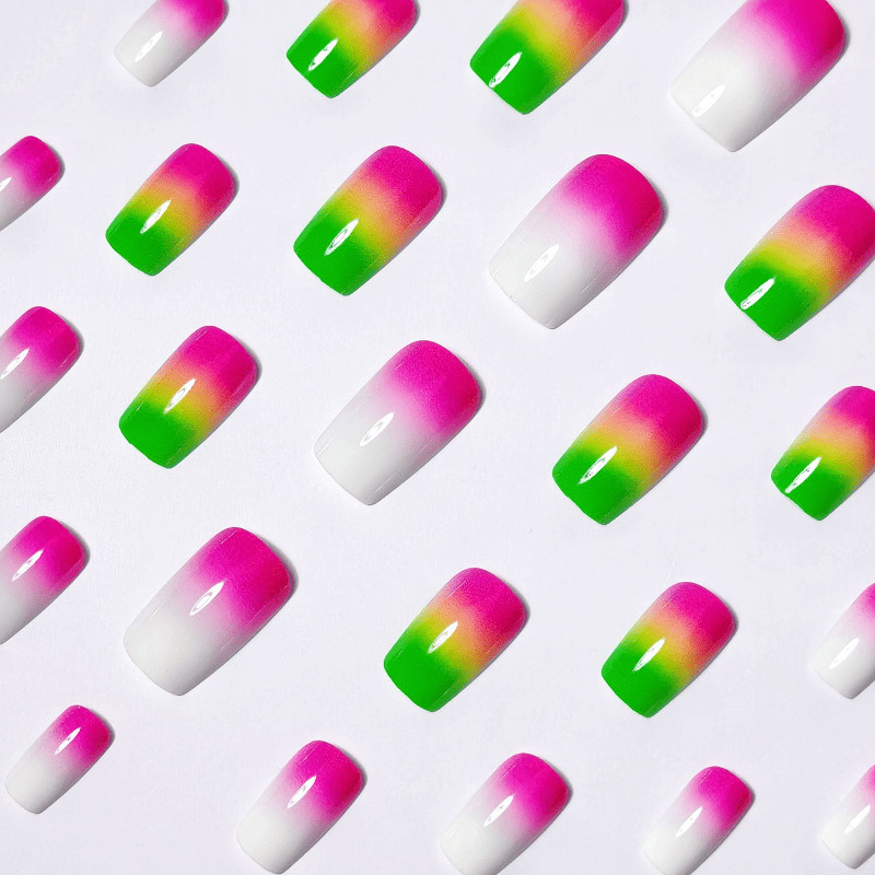 48Pcs-Bright Ombre Fake Nails Short Square Neon Pink Green White Gradient Nail
