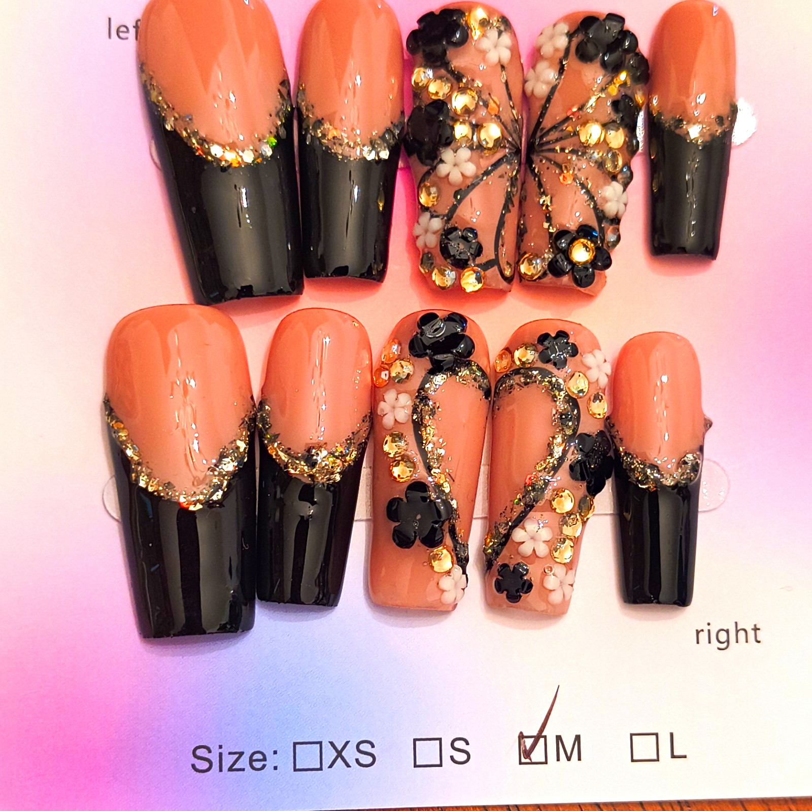 Press-On Nails Long Coffin Full Cover Black Nude Gold Glitter 3D Flowers Medium