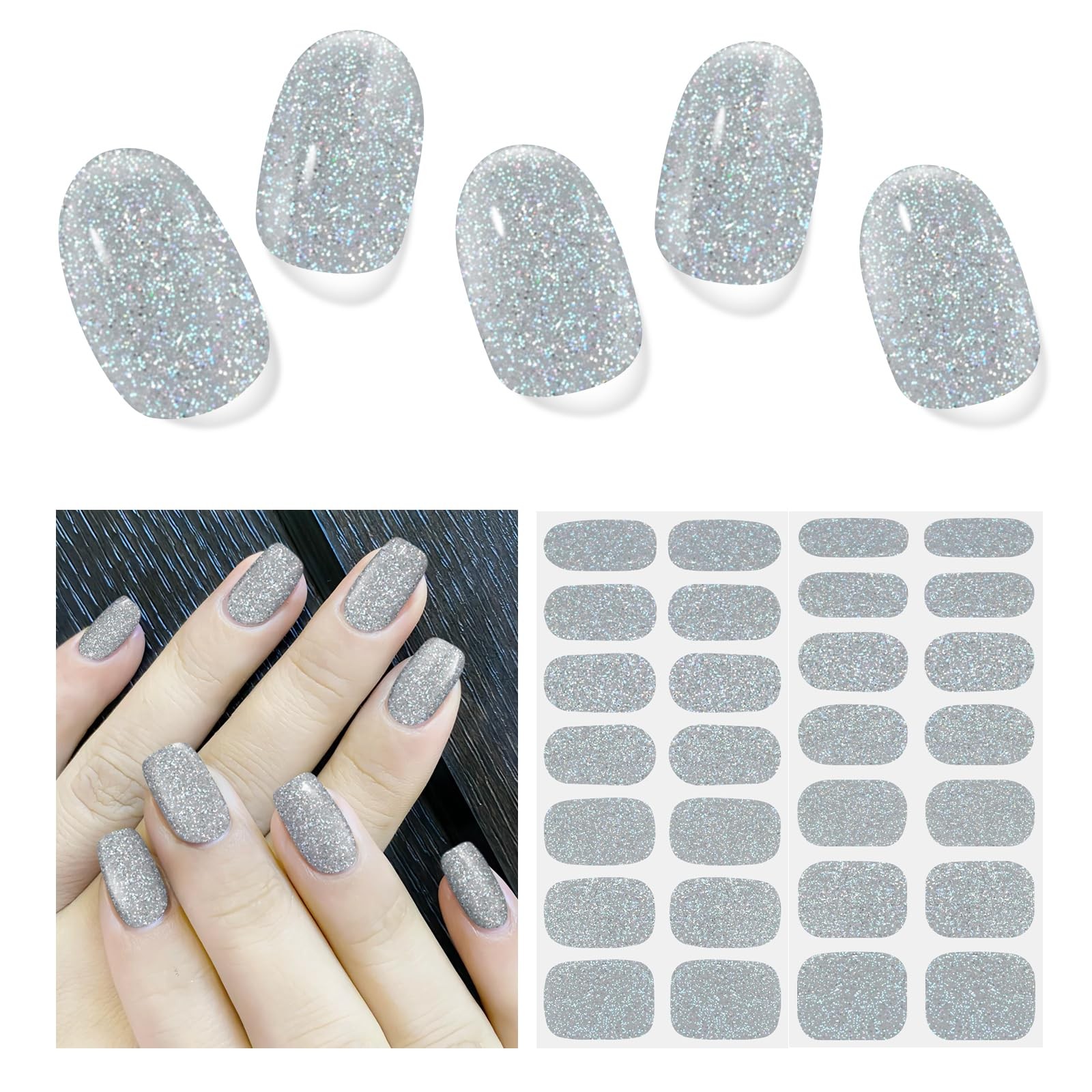 Semi Cured Gel Nail Strips,28 pcs Glitter Gel Nail Stickers with UV Light Req…