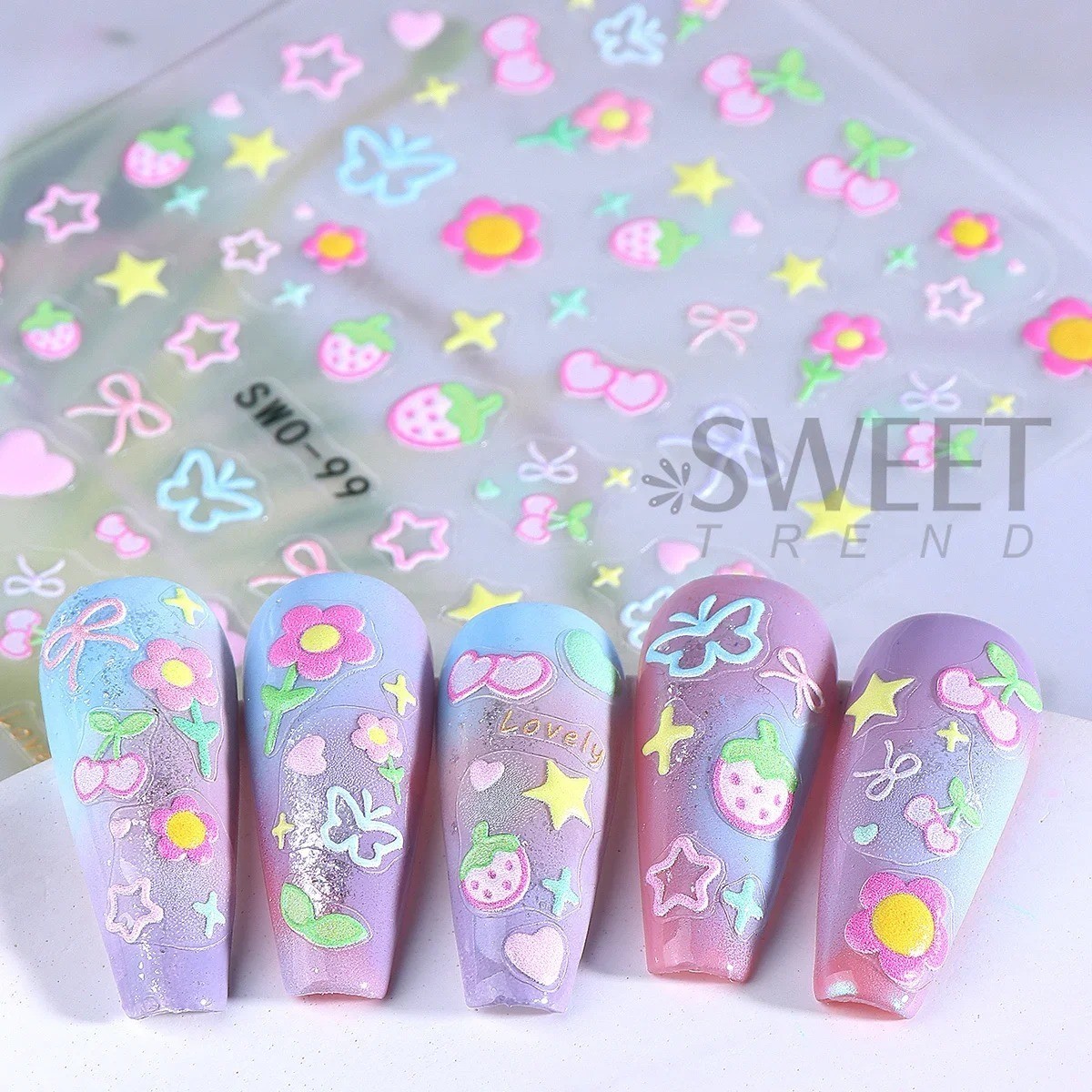 2PCS Sweet Element Nail Art Stickers Simple Flower Heart Cherry Strawberry Kawai
