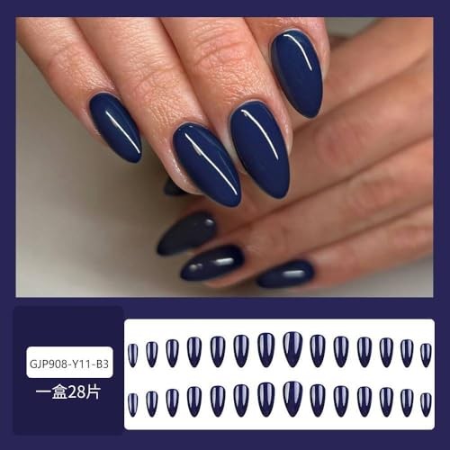 Navy Blue Press on Nails Medium Almond Dark Royal Fake Nails with Royal Blue