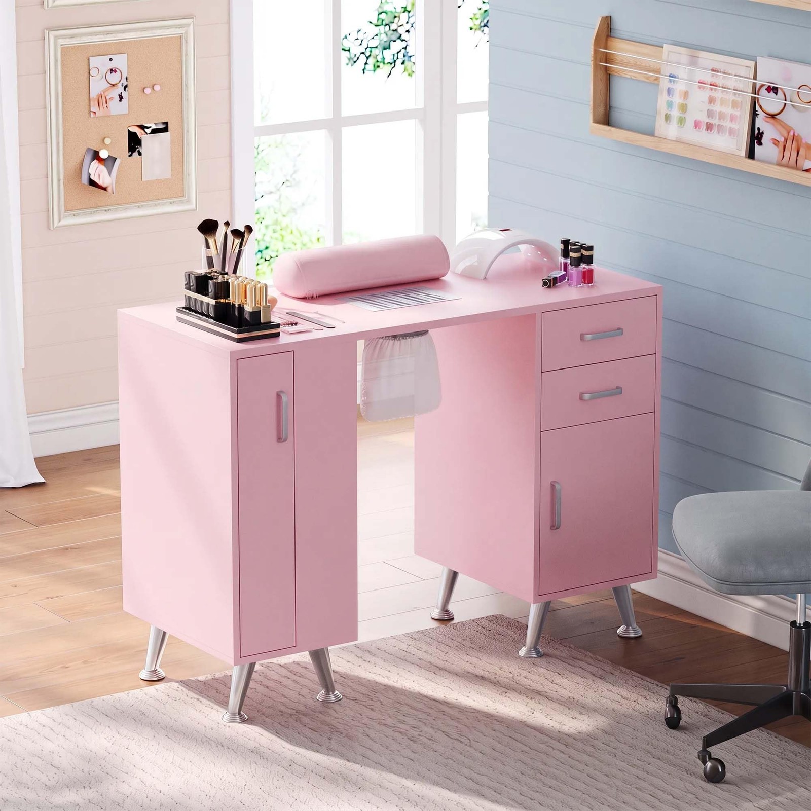 SunnyFurn 42.5” Nail Desk Pink w/ Dust Collector & Storage Drawers